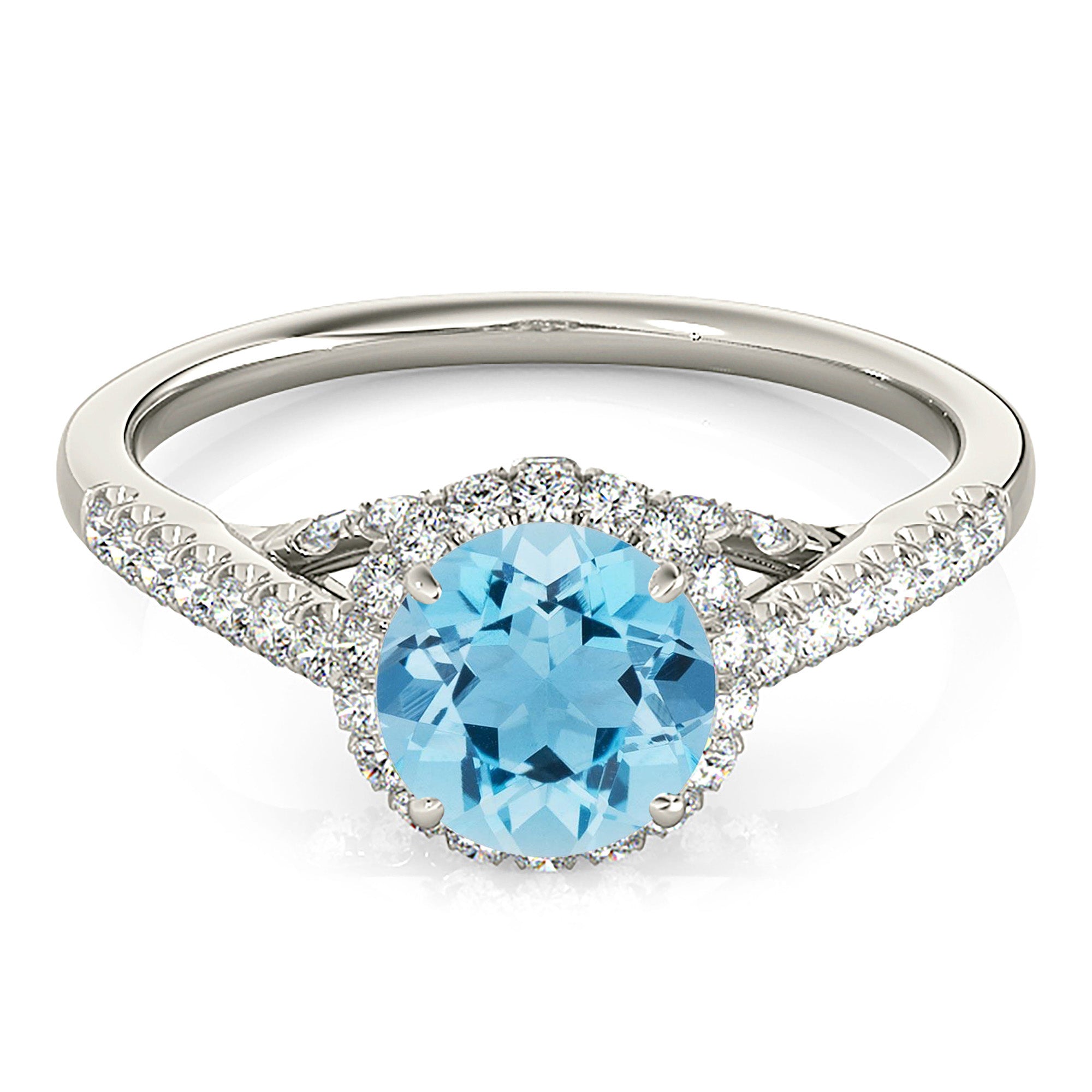 1.10 ct. Genuine Aquamarine Ring With 0.40 ctw. Diamond Halo and Band, Fancy Diamond Bridge Underneath | Round Blue Aquamarine Halo Ring-VIRABYANI